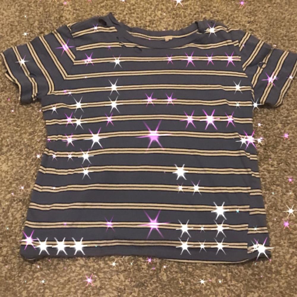 ✨blue holed crop top with black/white stripes✨